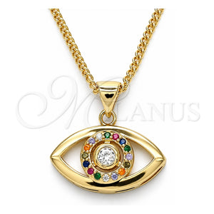 Collares con Dije 04.156.0302.2.20 Oro Laminado, Diseño de Ojo Griego, con Micro Pave Multicolor, Pulido, Tono Dorado (Grosor 02 MM, 20 Pulgadas de Largo)
