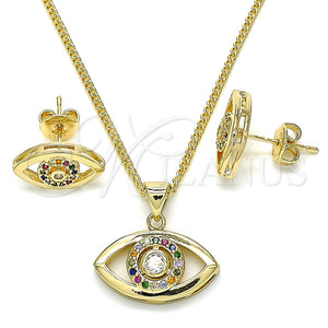 Juego de Arete y Dije de Adulto 10.156.0245.2 Oro Laminado, Diseño de Ojo Griego, con Multicolor Micro Pave, Pulido, Tono Dorado