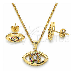 Juego de Arete y Dije de Adulto 10.156.0245.2 Oro Laminado, Diseño de Ojo Griego, con Multicolor Micro Pave, Pulido, Tono Dorado
