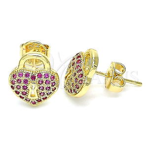 Arete Dormilona 02.156.0441.1 Oro Laminado, Diseño de Candado y Corazón, con Rubi Micro Pave, Pulido, Tono Dorado