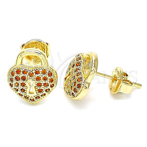 Arete Dormilona 02.156.0441.2 Oro Laminado, Diseño de Candado y Corazón, con Granate Micro Pave, Pulido, Tono Dorado