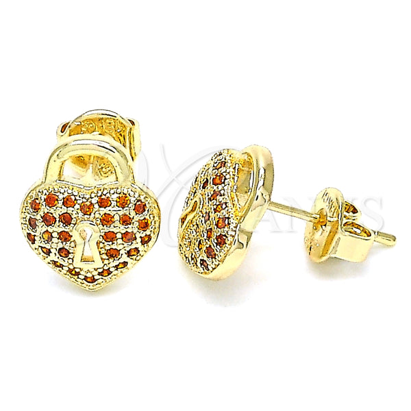 Arete Dormilona 02.156.0441.2 Oro Laminado, Diseño de Candado y Corazón, con Granate Micro Pave, Pulido, Tono Dorado