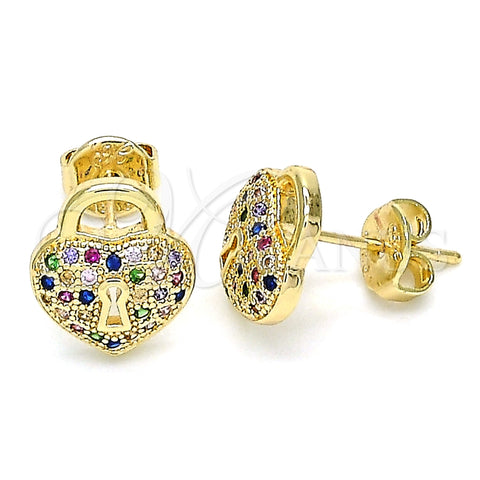 Arete Dormilona 02.156.0441.3 Oro Laminado, Diseño de Candado y Corazón, con Multicolor Micro Pave, Pulido, Tono Dorado