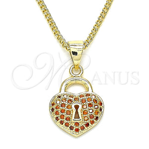 Collares con Dije 04.156.0303.2.20 Oro Laminado, Diseño de Candado y Corazón, con Granate Micro Pave, Pulido, Tono Dorado (02 MM Thickness, 20 Inches Length)