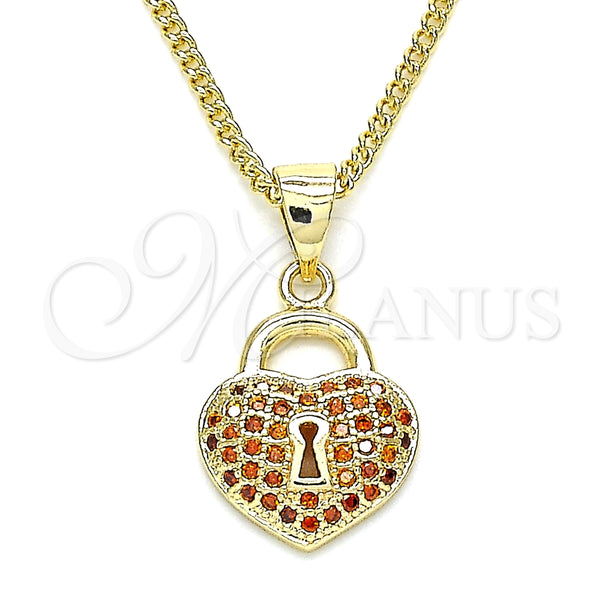 Collares con Dije 04.156.0303.2.20 Oro Laminado, Diseño de Candado y Corazón, con Granate Micro Pave, Pulido, Tono Dorado (02 MM Thickness, 20 Inches Length)