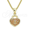 Collares con Dije 04.156.0303.2.20 Oro Laminado, Diseño de Candado y Corazón, con Granate Micro Pave, Pulido, Tono Dorado (02 MM Thickness, 20 Inches Length)