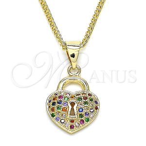 Collares con Dije 04.156.0303.3.20 Oro Laminado, Diseño de Candado y Corazón, con Multicolor Micro Pave, Pulido, Tono Dorado (02 MM Thickness, 20 Inches Length)
