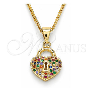 Collares con Dije 04.156.0303.3.20 Oro Laminado, Diseño de Candado y Corazón, con Micro Pave Multicolor, Pulido, Tono Dorado (Grosor 02 MM, 20 Pulgadas de Largo)