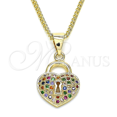 Collares con Dije 04.156.0303.3.20 Oro Laminado, Diseño de Candado y Corazón, con Multicolor Micro Pave, Pulido, Tono Dorado (02 MM Thickness, 20 Inches Length)