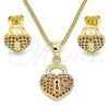 Juego de Arete y Dije de Adulto 10.156.0246.2 Oro Laminado, Diseño de Candado y Corazón, con Granate Micro Pave, Pulido, Tono Dorado