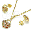 Juego de Arete y Dije de Adulto 10.156.0246.2 Oro Laminado, Diseño de Candado y Corazón, con Granate Micro Pave, Pulido, Tono Dorado