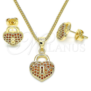 Juego de Arete y Dije de Adulto 10.156.0246.2 Oro Laminado, Diseño de Candado y Corazón, con Granate Micro Pave, Pulido, Tono Dorado