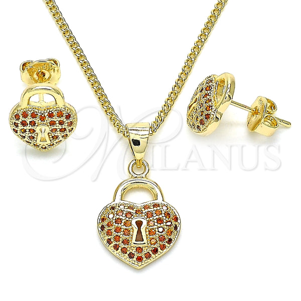 Juego de Arete y Dije de Adulto 10.156.0246.2 Oro Laminado, Diseño de Candado y Corazón, con Granate Micro Pave, Pulido, Tono Dorado
