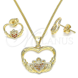 Juego de Arete y Dije de Adulto 10.156.0247.2 Oro Laminado, Diseño de Corazón, con Granate Micro Pave, Pulido, Tono Dorado