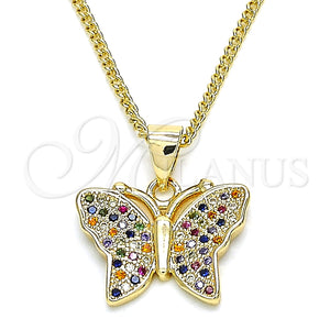 Collares con Dije 04.156.0305.3.20 Oro Laminado, Diseño de Mariposa, con Multicolor Micro Pave, Pulido, Tono Dorado (02 MM Thickness, 20 Inches Length)