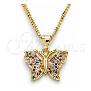 Collares con Dije 04.156.0305.3.20 Oro Laminado, Diseño de Mariposa, con Multicolor Micro Pave, Pulido, Tono Dorado (02 MM Thickness, 20 Inches Length)