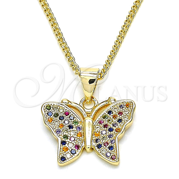 Collares con Dije 04.156.0305.3.20 Oro Laminado, Diseño de Mariposa, con Multicolor Micro Pave, Pulido, Tono Dorado (02 MM Thickness, 20 Inches Length)