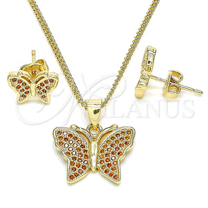 Juego de Arete y Dije de Adulto 10.156.0248.2 Oro Laminado, Diseño de Mariposa, con Granate Micro Pave, Pulido, Tono Dorado