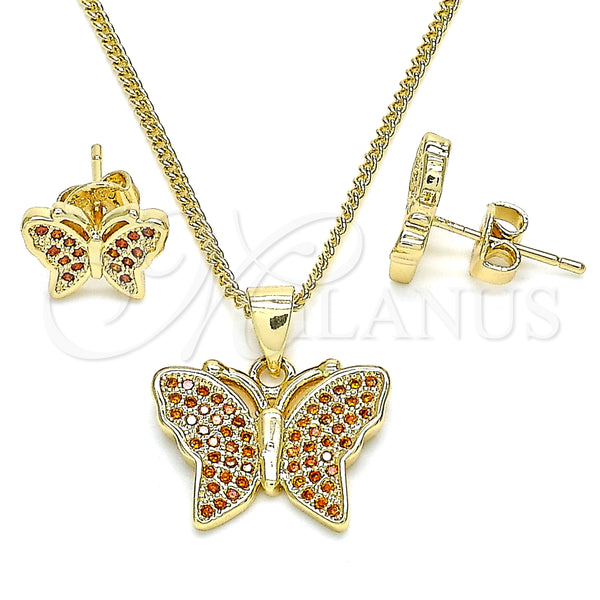 Juego de Arete y Dije de Adulto 10.156.0248.2 Oro Laminado, Diseño de Mariposa, con Granate Micro Pave, Pulido, Tono Dorado