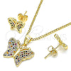Juego de Arete y Dije de Adulto 10.156.0248.3 Oro Laminado, Diseño de Mariposa, con Multicolor Micro Pave, Pulido, Tono Dorado