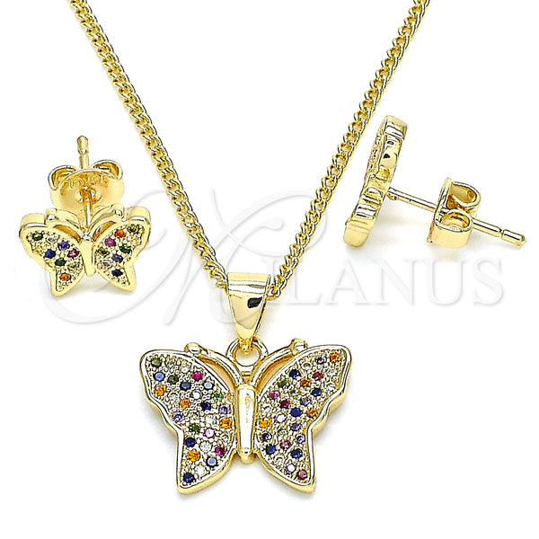 Juego de Arete y Dije de Adulto 10.156.0248.3 Oro Laminado, Diseño de Mariposa, con Multicolor Micro Pave, Pulido, Tono Dorado