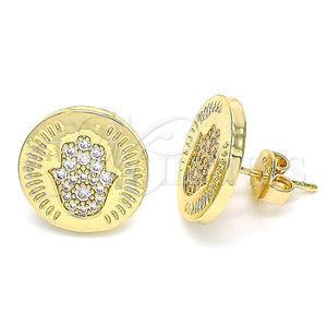 Arete Dormilona 02.156.0445 Oro Laminado, Diseño de Judaica y Mano de Dios, con Micro Pave Blanca, Pulido, Tono Dorado