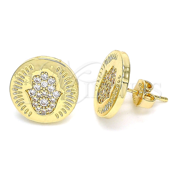 Arete Dormilona 02.156.0445 Oro Laminado, Diseño de Judaica y Mano de Dios, con Micro Pave Blanca, Pulido, Tono Dorado