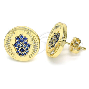 Arete Dormilona 02.156.0445.1 Oro Laminado, Diseño de Judaica y Mano de Dios, con Micro Pave Zafiro Azul, Pulido, Tono Dorado