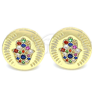 Arete Dormilona 02.156.0445.2 Oro Laminado, Diseño de Mano de Dios y Judaica, con Micro Pave Multicolor, Pulido, Tono Dorado