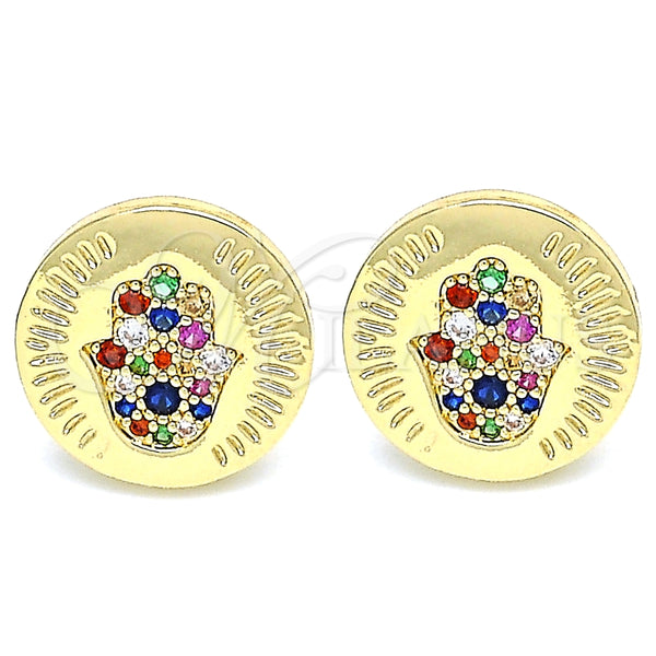 Arete Dormilona 02.156.0445.2 Oro Laminado, Diseño de Mano de Dios y Judaica, con Micro Pave Multicolor, Pulido, Tono Dorado