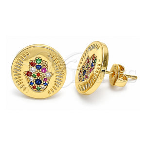 Arete Dormilona 02.156.0445.2 Oro Laminado, Diseño de Mano de Dios y Judaica, con Micro Pave Multicolor, Pulido, Tono Dorado