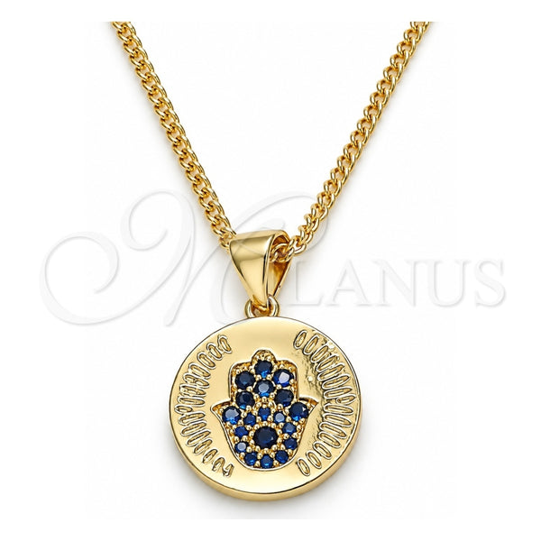 Collares con Dije 04.156.0307.1.20 Oro Laminado, Diseño de Mano de Dios y Judaica, con Micro Pave Zafiro Azul, Pulido, Tono Dorado (Grosor 02 MM, 20 Pulgadas de Largo)