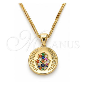 Collares con Dije 04.156.0307.2.20 Oro Laminado, Diseño de Mano de Dios y Judaica, con Micro Pave Multicolor, Pulido, Tono Dorado (Grosor 02 MM, 20 Pulgadas de Largo)