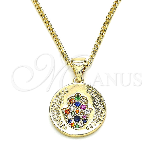 Collares con Dije 04.156.0307.2.20 Oro Laminado, Diseño de Mano de Dios y Judaica, con Micro Pave Multicolor, Pulido, Tono Dorado (Grosor 02 MM, 20 Pulgadas de Largo)
