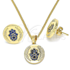 Juego de Arete y Dije de Adulto 10.156.0250.1 Oro Laminado, Diseño de Mano de Dios, con Zafiro Azul Micro Pave, Pulido, Tono Dorado