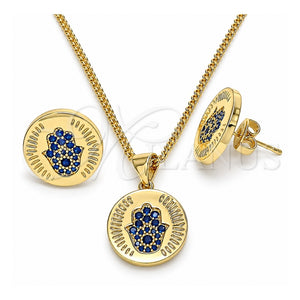 Juego de Arete y Dije de Adulto 10.156.0250.1 Oro Laminado, Diseño de Mano de Dios y Judaica, con Micro Pave Zafiro Azul, Pulido, Tono Dorado