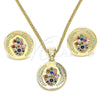 Juego de Arete y Dije de Adulto 10.156.0250.2 Oro Laminado, Diseño de Mano de Dios y Judaica, con Micro Pave Multicolor, Pulido, Tono Dorado