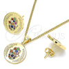 Juego de Arete y Dije de Adulto 10.156.0250.2 Oro Laminado, Diseño de Mano de Dios y Judaica, con Micro Pave Multicolor, Pulido, Tono Dorado