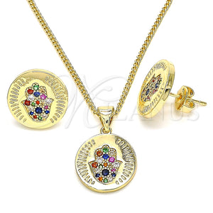 Juego de Arete y Dije de Adulto 10.156.0250.2 Oro Laminado, Diseño de Mano de Dios, con Multicolor Micro Pave, Pulido, Tono Dorado