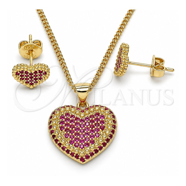 Juego de Arete y Dije de Adulto 10.156.0251.1 Oro Laminado, Diseño de Corazón, con Rubi Micro Pave, Pulido, Tono Dorado