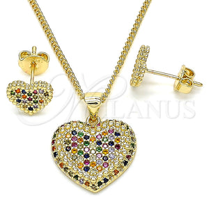 Juego de Arete y Dije de Adulto 10.156.0251.3 Oro Laminado, Diseño de Corazón, con Multicolor Micro Pave, Pulido, Tono Dorado