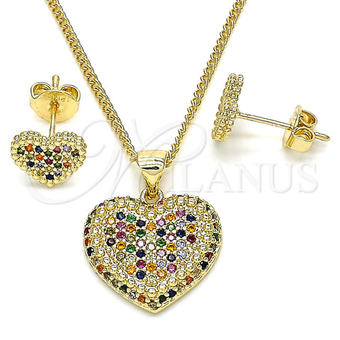 Juego de Arete y Dije de Adulto 10.156.0251.3 Oro Laminado, Diseño de Corazón, con Multicolor Micro Pave, Pulido, Tono Dorado