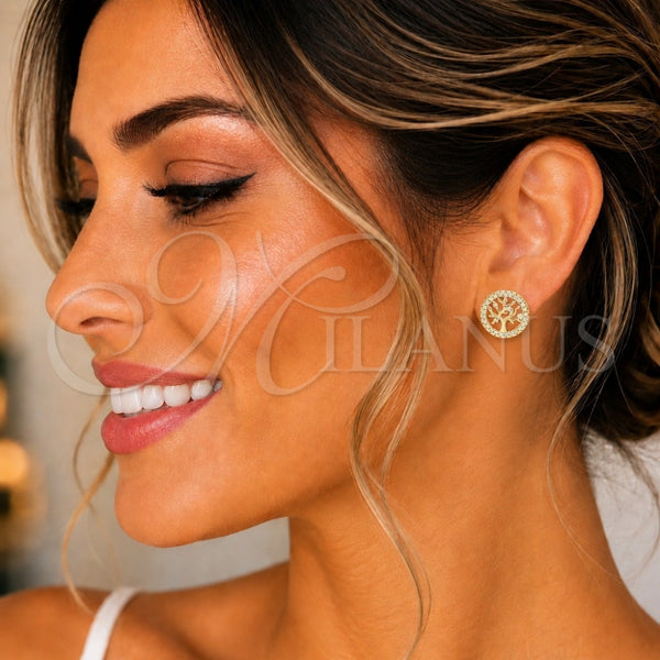 Arete Dormilona 02.156.0449 Oro Laminado, Diseño de Ãrbol, con Blanca Micro Pave, Pulido, Tono Dorado