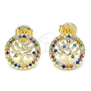 Arete Dormilona 02.156.0449.1 Oro Laminado, Diseño de Ãrbol, con Multicolor Micro Pave, Pulido, Tono Dorado