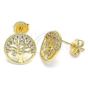 Arete Dormilona 02.156.0450 Oro Laminado, Diseño de Ãrbol, con Blanca Micro Pave, Pulido, Tono Dorado