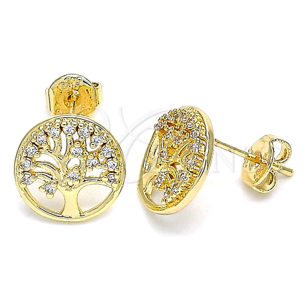 Arete Dormilona 02.156.0450 Oro Laminado, Diseño de Ãrbol, con Blanca Micro Pave, Pulido, Tono Dorado