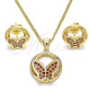 Juego de Arete y Dije de Adulto 10.156.0258.2 Oro Laminado, Diseño de Mariposa, con Granate Micro Pave, Pulido, Tono Dorado