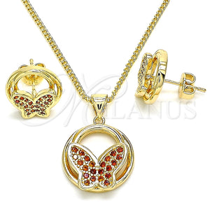 Juego de Arete y Dije de Adulto 10.156.0258.2 Oro Laminado, Diseño de Mariposa, con Granate Micro Pave, Pulido, Tono Dorado