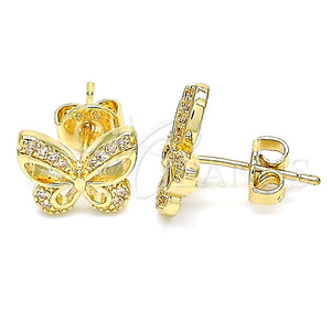 Arete Dormilona 02.156.0455 Oro Laminado, Diseño de Mariposa, con Blanca Micro Pave, Pulido, Tono Dorado