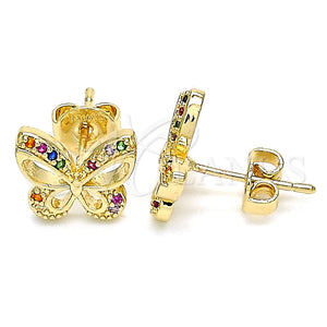 Arete Dormilona 02.156.0455.3 Oro Laminado, Diseño de Mariposa, con Multicolor Micro Pave, Pulido, Tono Dorado
